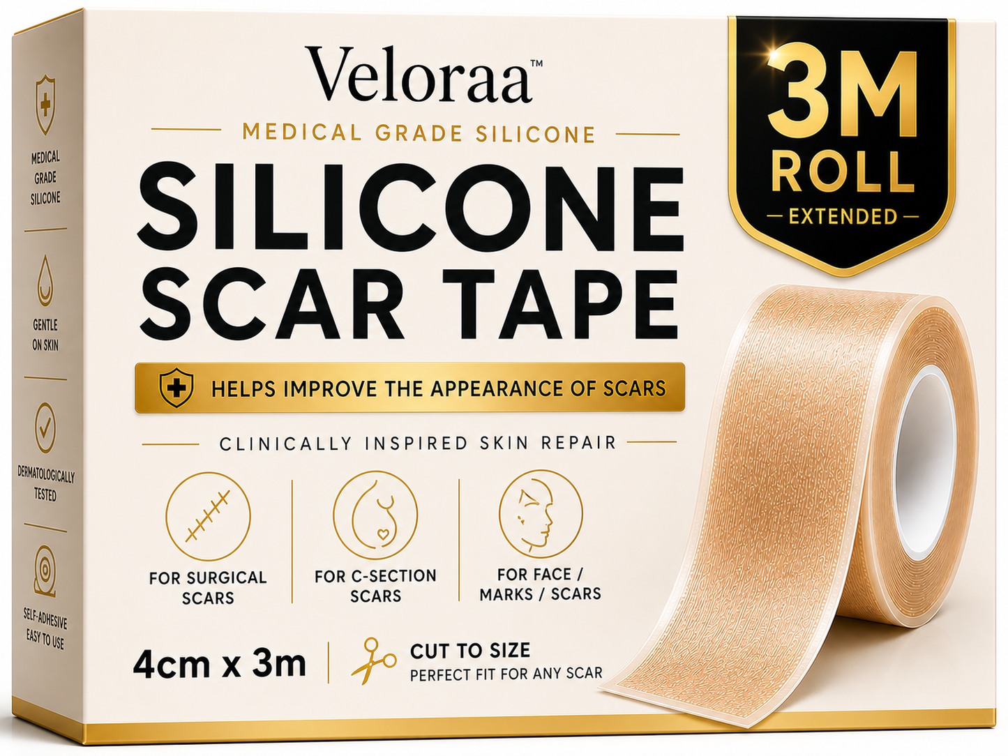 Veloraa Silicone Scar Tape Roll 4cm x 3m – Medical Grade Scar Sheets for Surgical, C-Section & Face Scars – Reusable, Skin-Safe Adhesive
