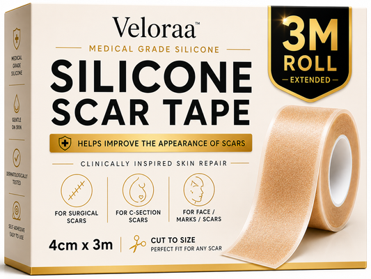 Veloraa Silicone Scar Tape Roll 4cm x 3m – Medical Grade Scar Sheets for Surgical, C-Section & Face Scars – Reusable, Skin-Safe Adhesive